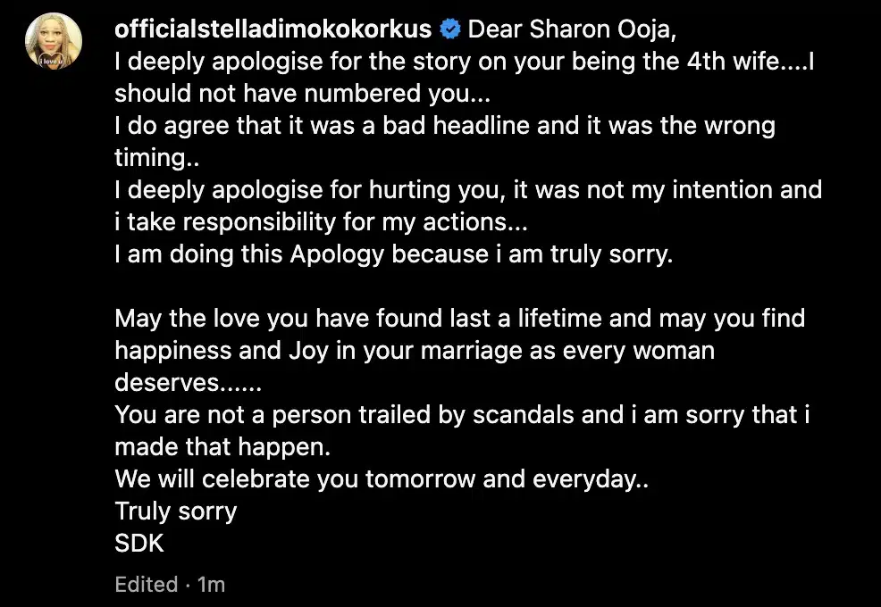 Stella Dimoko Korkus apologizes for numbering Sharon Ooja as 4th wife